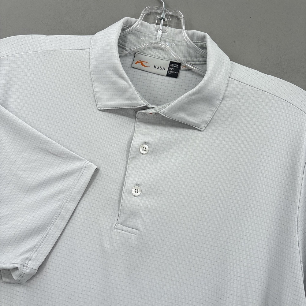 KJUS Polo Shirt Mens Large Gray Preston Grid UPF 50+ Golf Stretch Comfort Fit